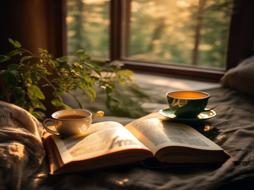 Rustige moment met thee en boek in huisinterieur